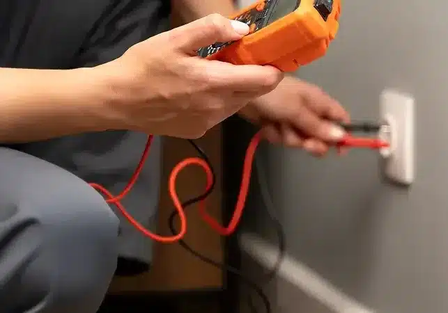 Electrician testing an outlet with a multimeter