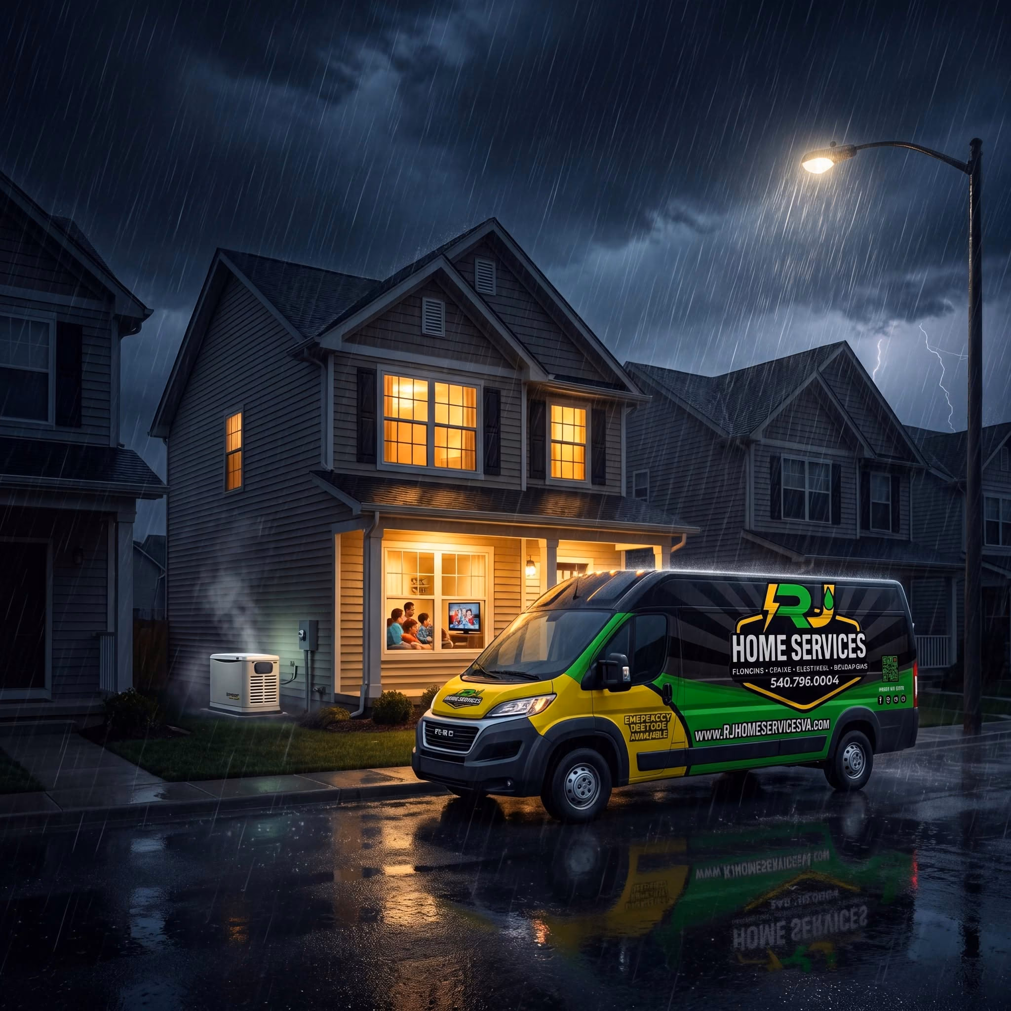 RJ Home Services van outside a home at night